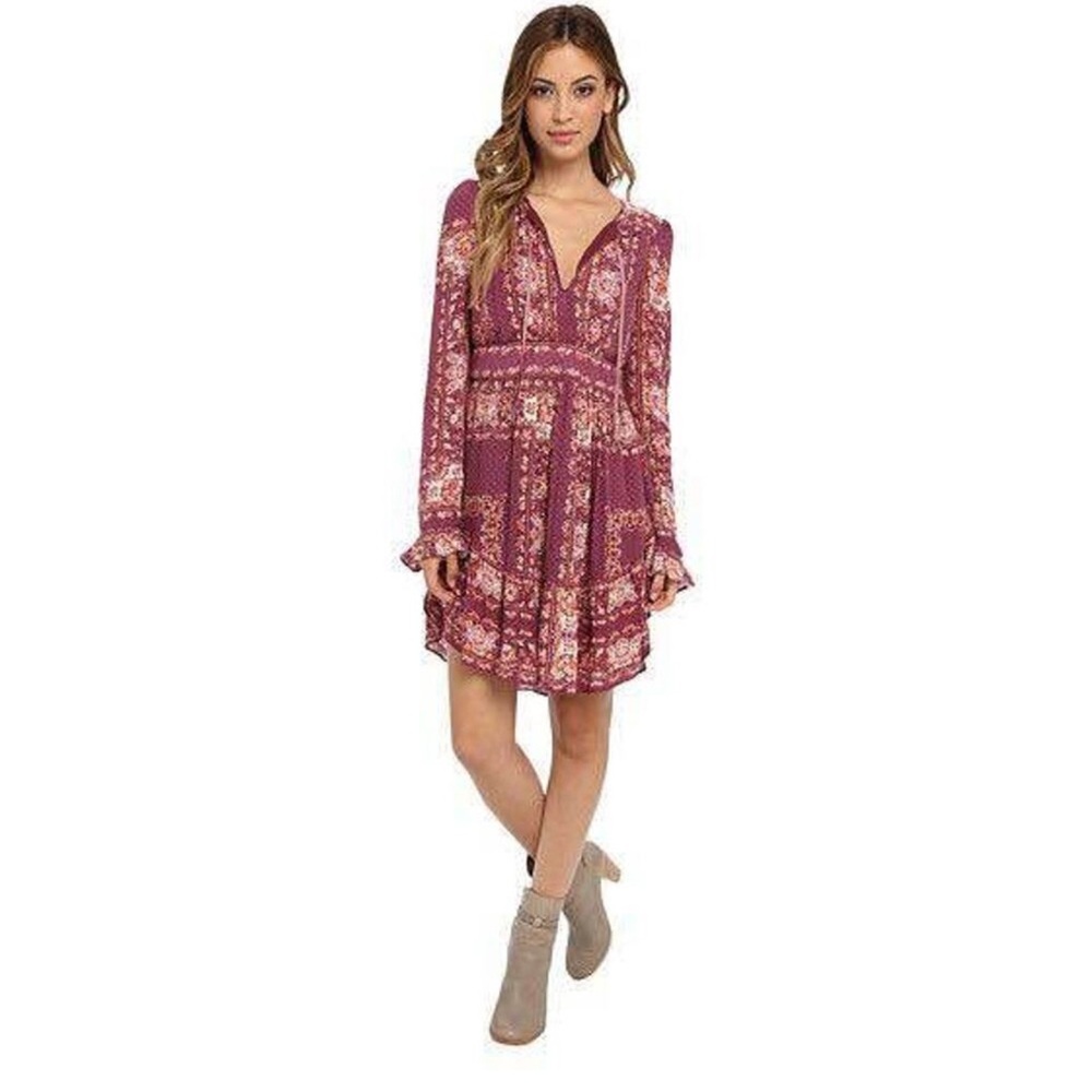 Free People Bridgette mini dress long sleeves berry combo size Small